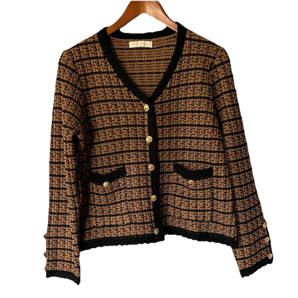 Women's Belle Poque Houndstooth Tweed Gold Button Blazer Jacket Size M